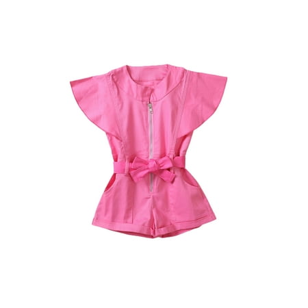 

Gureui Toddler Infant Baby Girls Jumpsuit Flying Sleeve Solid Color Front Zipper Closure Belted Short Playsuit with Pockets