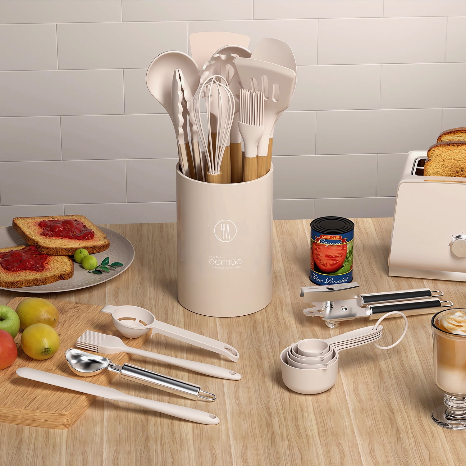 35 Silicone Cooking Utensils Set - 446°F Heat Resistant Silicone Kitchen Utensils for Cooking, Kitchen Utensil Spatula Set w Wooden Handles and Holder, BPA FREE Gadgets for Non-Stick Cookware (Khaki)