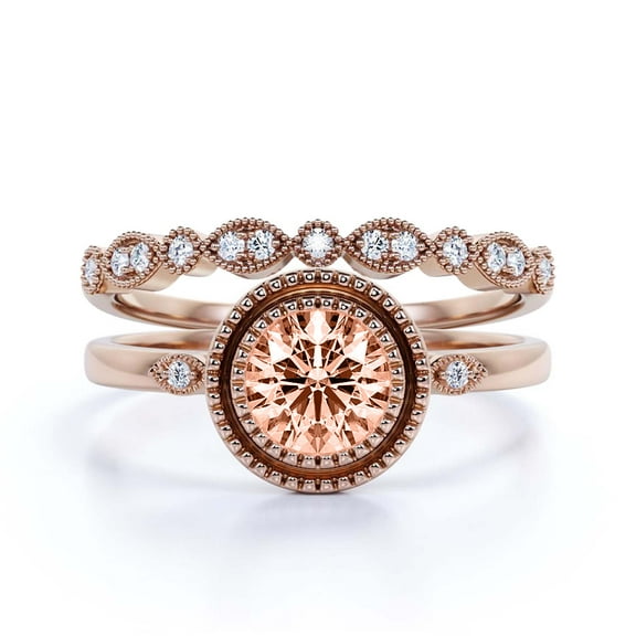 Gorgeous Art nouvea 1.60 Carat Round Cut Morganite And Diamond Moissanite Engagement Ring, Boho Moissanite Wedding Ring, One Matching Band in 10k Solid Rose Gold, Gift For Her, Promise Ring