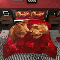Homewish Romantic Lion Animal Bedding Comforter Set, Rose Floral Flower Twin Comforter Sets, Couple Valentine's Day Reversible Bedding Set, Breathable Home Decor, 2pcs