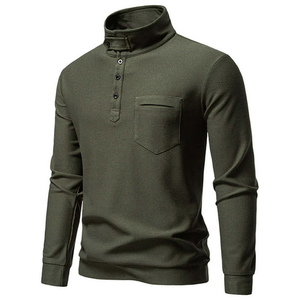 pstuiky camisetas de manga larga para hombre, Cárdigan informal de manga larga con cuello alto y botones para hombre Tops de talla grande para hombre xxl