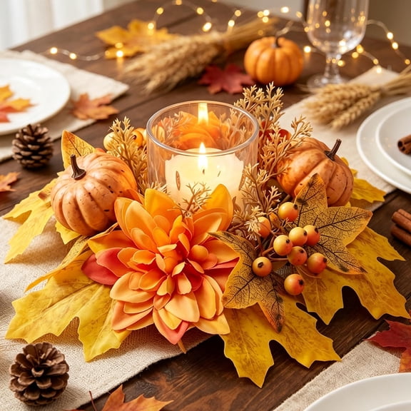 Snmubt Fall Candle Ring Wreath, Halloween Decorations, Harvest Party Table Centerpiece with Artificial Pumpkin Maple Leaf for Mantel Dining Table