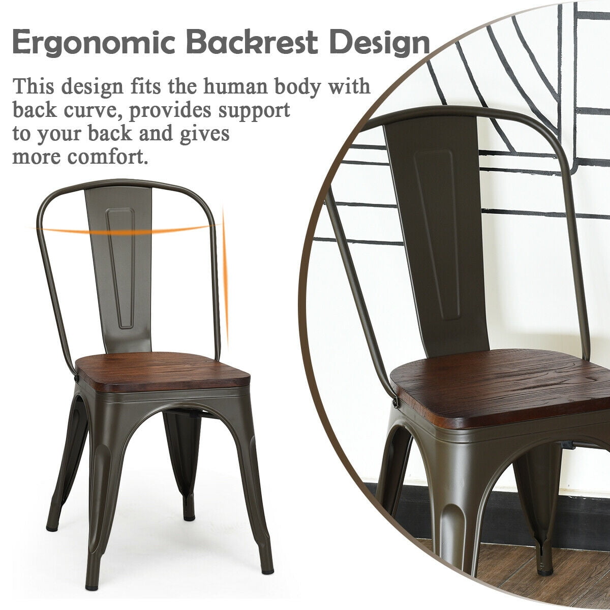 Costway Set of 4 Style Metal Dining Side Chair Wood Seat Stackable Bistro Cafe Brown