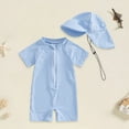 thumbnail image 2 of KPOPLK Toddler Baby Boy Girls One Piece Swimsuit Stripe Print Short Sleeve Zipper Bathing Suit with Hat Infant Rash Guard Swimwear(Blue,12-24 Months), 2 of 8