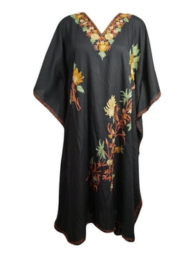 Mogul Women Black Floral Caftan Loose Dress Cotton Embroidered Hippy Boho Gypsy Kaftan Plus Size Resort Dress 3X