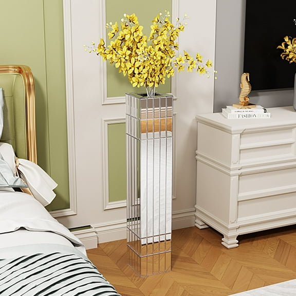 High Mirror Floor Vase 36.02 Inches Decorative Silver Large Vase for Living Room Dried Flower Home Decor Modern Handcrafted Design Multi-Scene Use High Quality MDF and Glass Ideal for Office Hotel Re