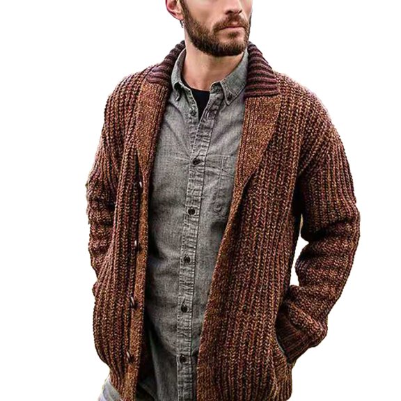 XFLWAM Long-Sleeve Button-Down Sweater Men's Vintage Cardigan Sweater Men's Wool Blend V-Neck Cardigan Sweater Mens Shawl Brown S