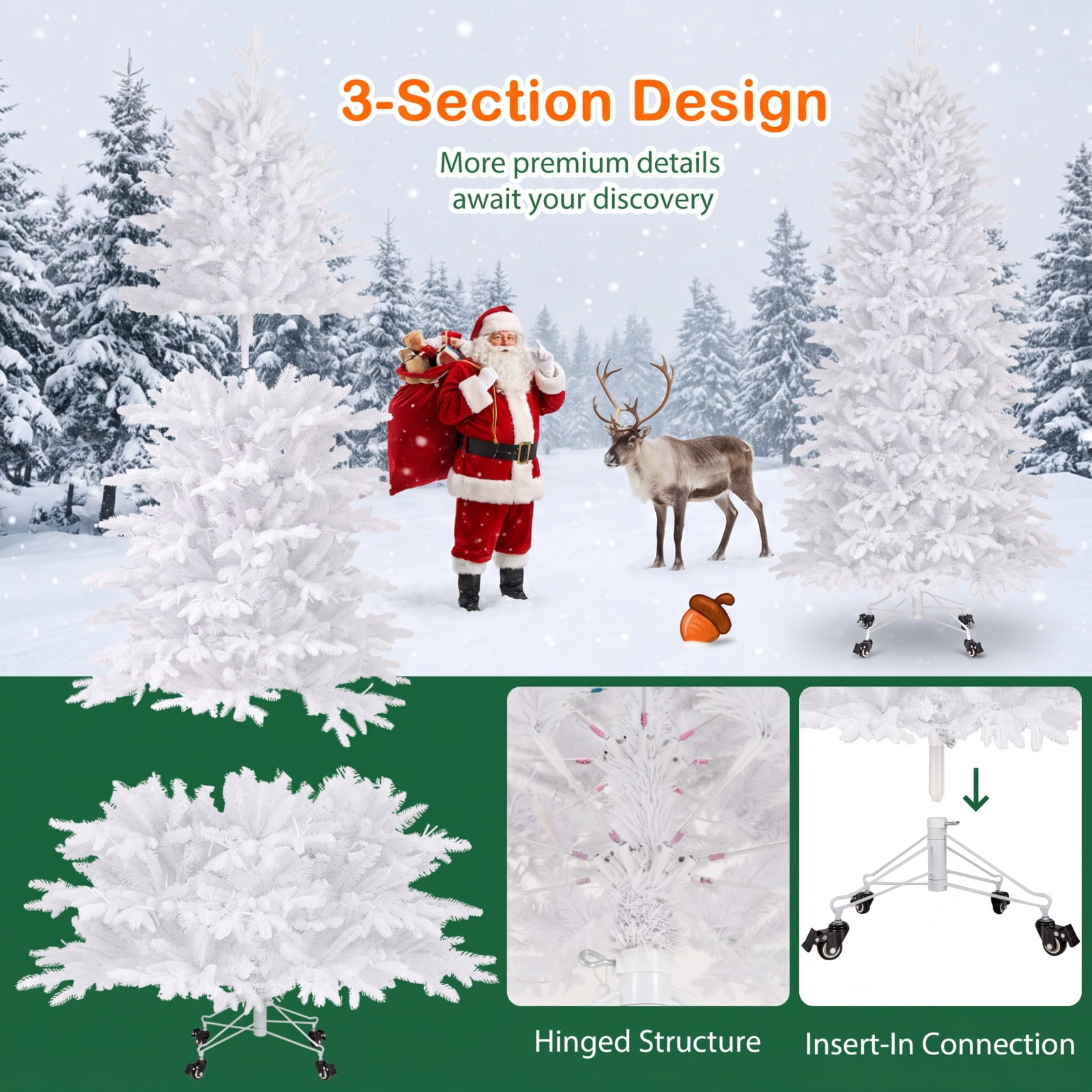 RUIE 7 ft White Christmas Tree, Pre-Lit Artificial Xmas Tree with 900 LED Lights and 1880 Branch Tips, Full Snowy Holiday Tree
