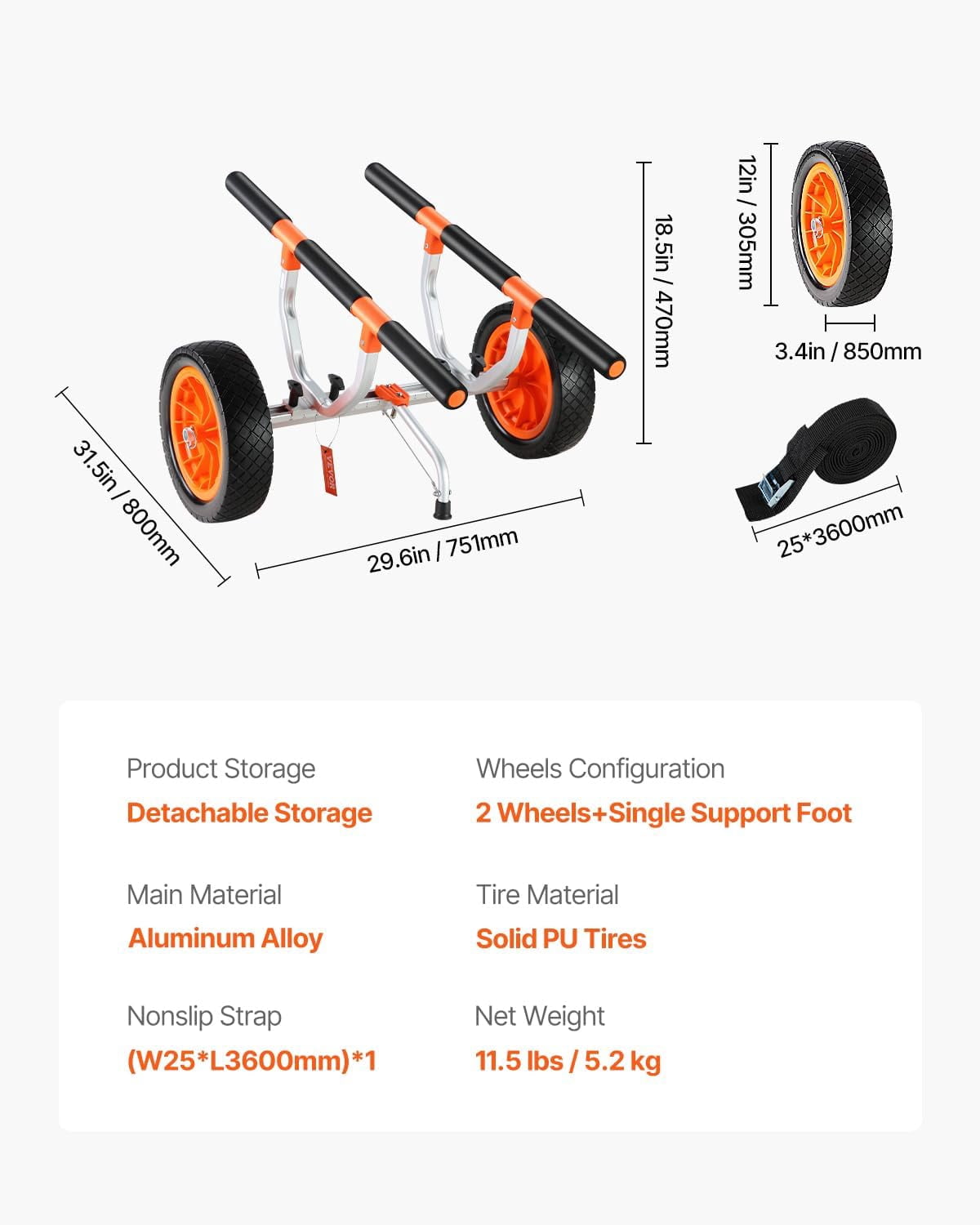 Colourfull Kayak Cart, Heavy Duty 450 LBS Load Capacity Kayak Trailer, Detachable Canoe Trolley Cart with Adjustable Width & Nonslip Support Foot, 12'' Solid Tires for Kayaks Canoes Float Mats Paddle