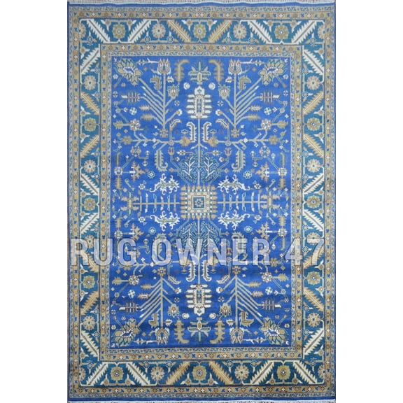 Handmade Hand-Knotted Geometric Pattern Serapi Wool Area Rug 9X12 Blue, Green, Camel, Ivory Wool Area Rug