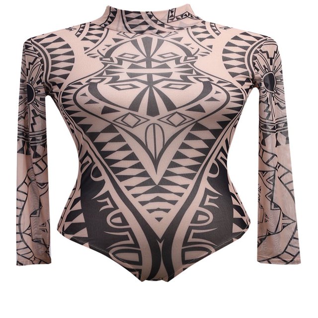 PENGXIANG Justaucorps Extensible à Imprimé Tribal pour Femmes, Transparent, Manches Longues en Maille Transparente