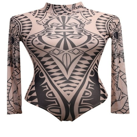 KEINXS Women Tatoo Tribal Print Strechy Bodysuit See-Through Mesh Sheer Long Sleeve Top