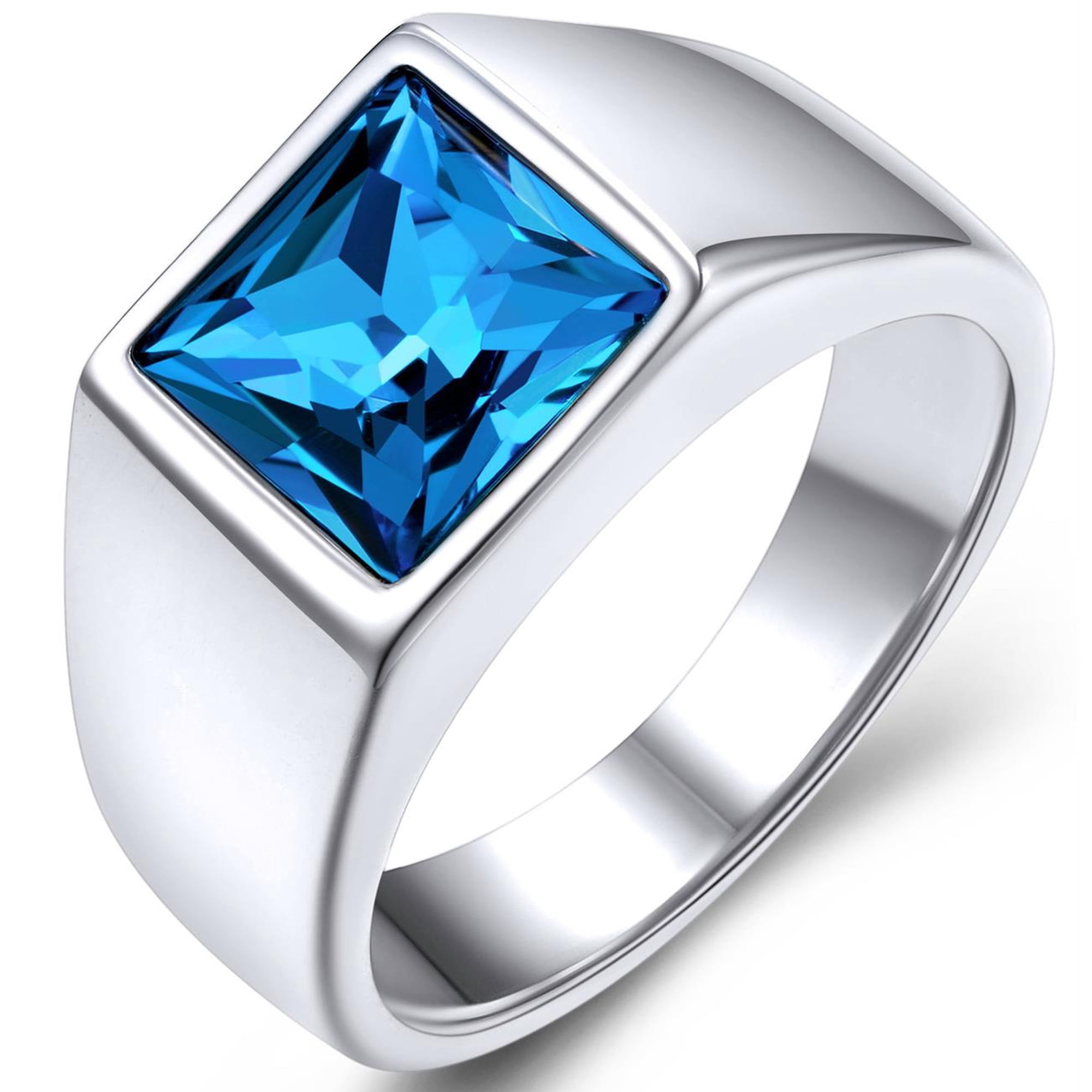 KeyStyle Rings for Men Stainless Steel Statement Ring with Blue Topaz Birthstone Signet Ring Birthday Gemstone Jewelry Father Day Valentine's Day Gift for Men, 8mm Blue Topaz