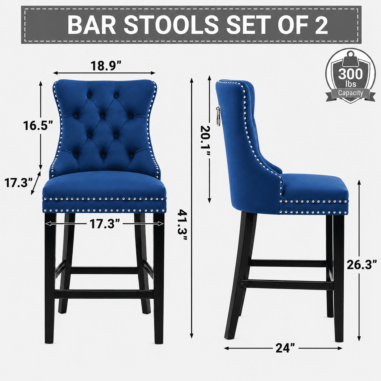 Bar Stools Set of 4, PAPROOS Velvet Bar Stool with Back, Solid Wood Frame & Nailhead Trim, Counter Height Bar Chair Button Tufted Upholstered Seat, Full Back Bar Stools, Blue