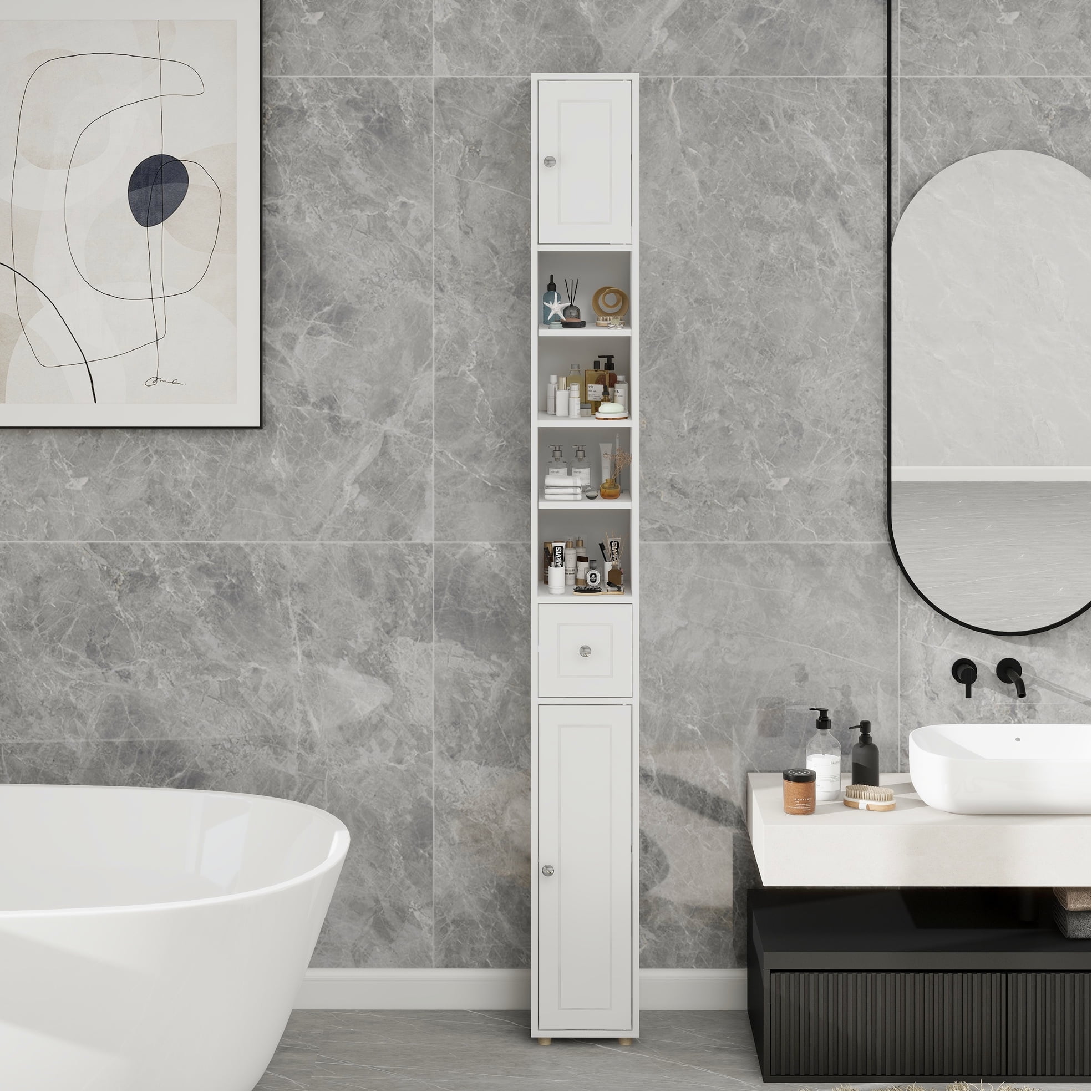 Bathroom Storage Cabinet 71" - White With 4 Adjustable Shelves 1 Drawer, 2 Doors Organize Your 7.98" X 72.25" Freestanding For Towels, Cosmetics Modern Design Home