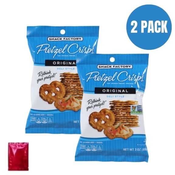 Snack Factory Pretzel Crisps Original, 3 oz Bags, Pack of 2, Thin & Crunchy Pretzel Snacks for Dipping & Snacking   BONUS LaPrima Morceau Bonbon
