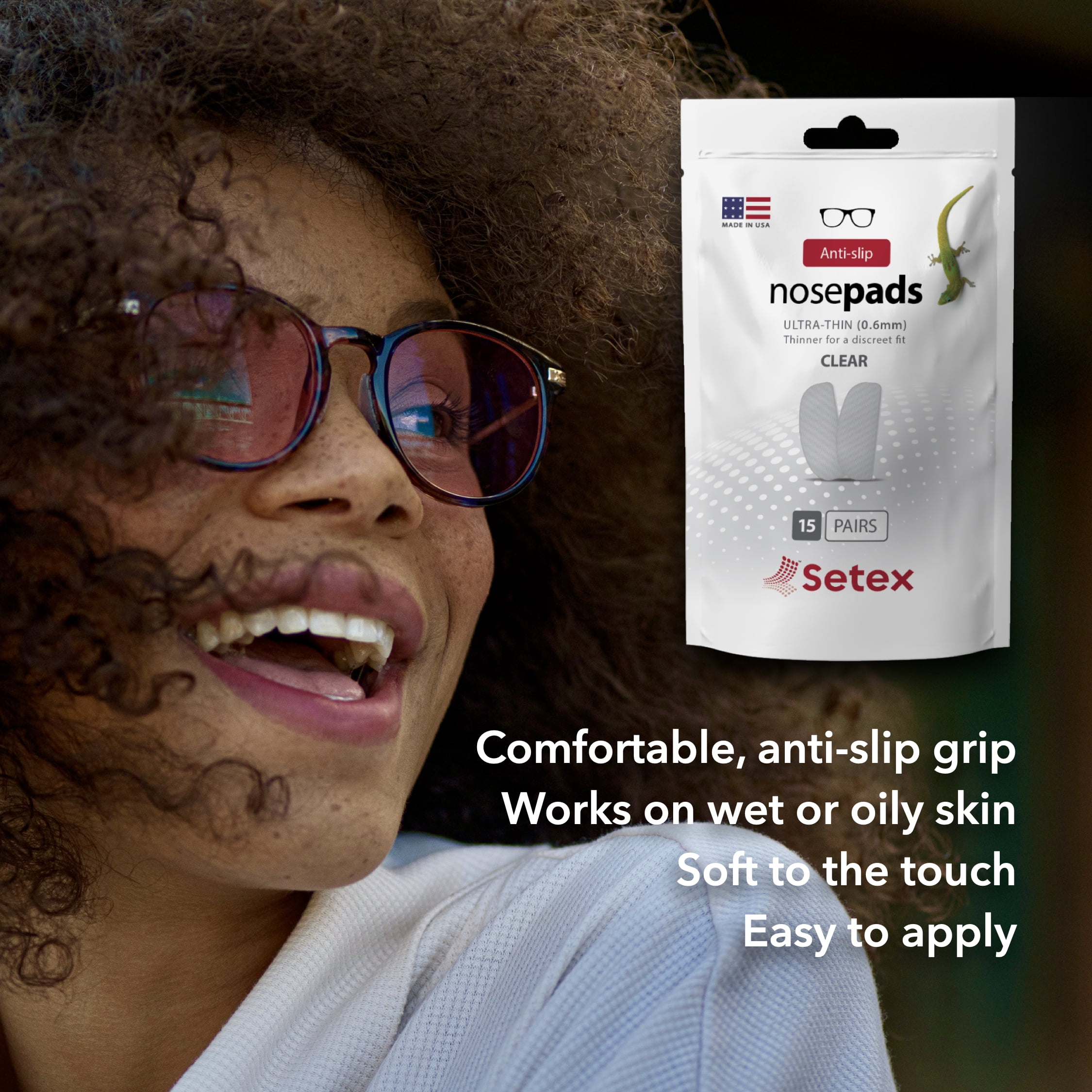 Setex Gecko Grip Ultra-Thin 0.6mm Anti Slip Eyeglass Nose Pads, (3 Clear Pair), 2500 Innovative Microstructured Fibers per Nose Pad, 0.6mm x 7mm x 16mm