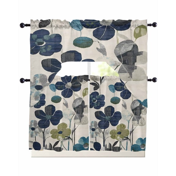 Navy Blue Green Floral Kitchen Curtains Sets 24 Inch Length with Valance, Vintage Botanical Leaves Swag Valances and Tiers Curtain Set Drapes Swag Curtains for Living Room, Bathroom, Bedroom, Cafe