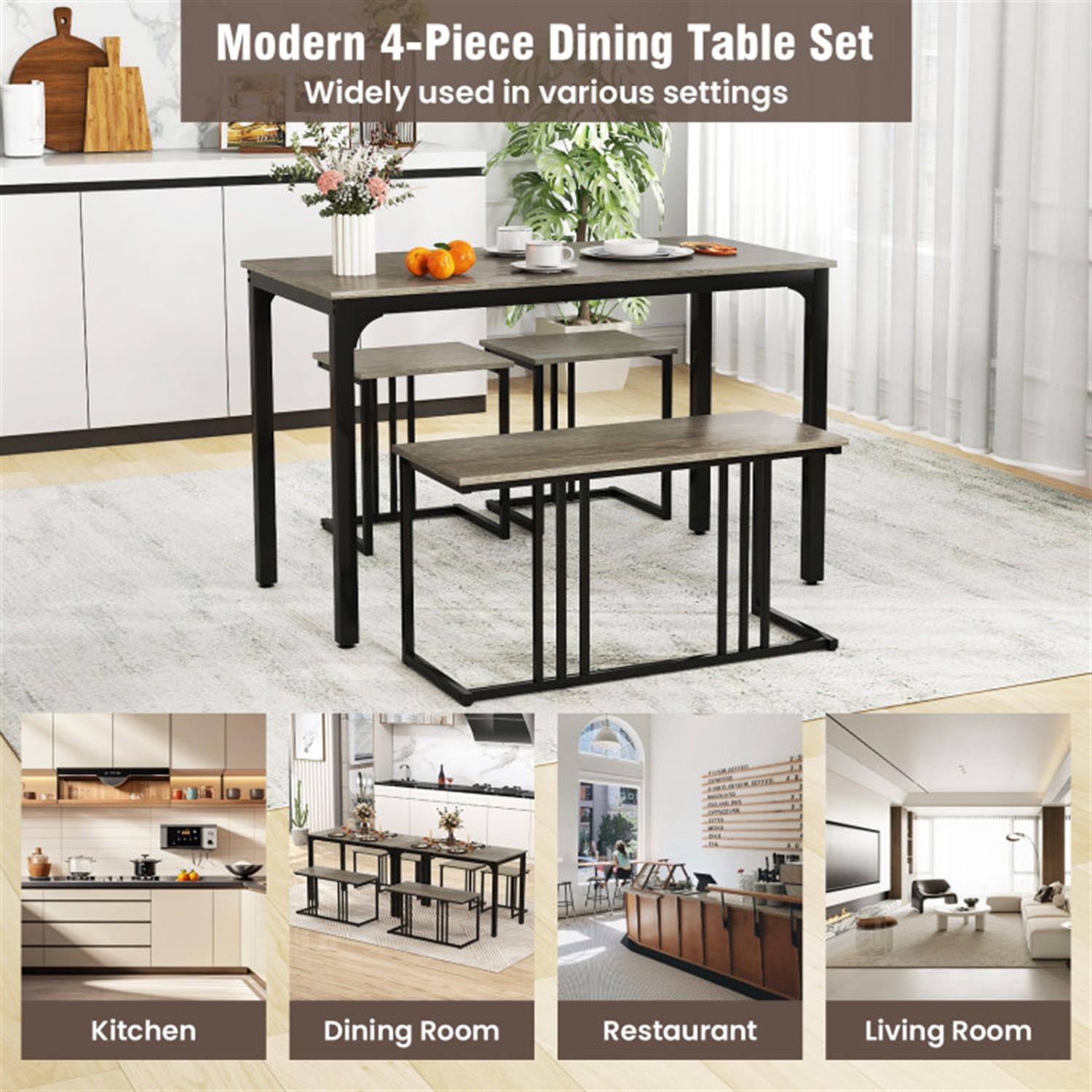 Demi Bonn 4-Piece Dining Table Set with Bench and 2 Stools, 47"dustrial Kitchen Table with Metal Frame, Perfect for Small Space, Gray