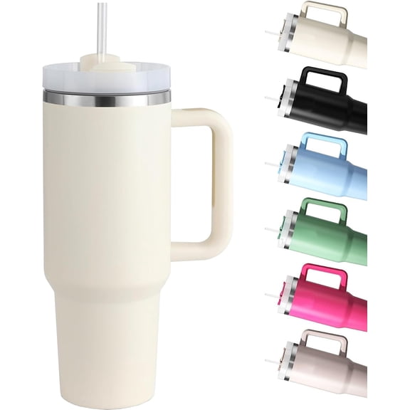40oz Tumbler with Handle Straw Lid, Stainless Steel Vacuum Insulated Reusable Travel Mug Keep Drinks Cold Ice Gym Cup, Gifts for Women Lovers, Car Holder Friendly, Pink Rose Quartz