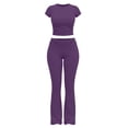 thumbnail image 6 of Womens 2 Piece Lounge Set Short Sleeve Crop Top Wide Leg Flare Pants Matching Pajamas Set Cozy Stretchy Y2k Sleepwear Casual Daily Outfit, Purple, M, 6 of 8