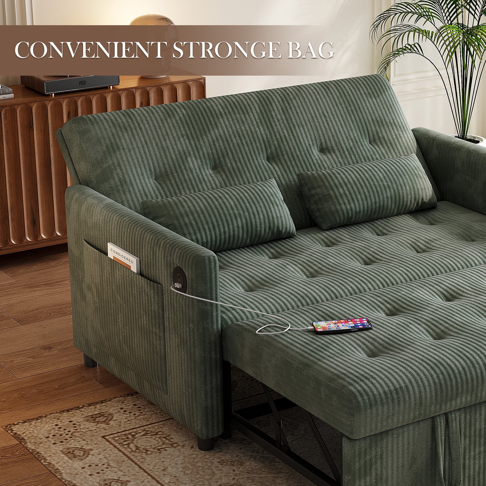 53" Corduroy 3-in-1 Convertible Loveseat Sofa Bed with Pull-Out Sleeper, Adjustable Backrest, USB & Type-C Ports, Storage Pockets, Small Space 2-Seat Couch for Living Room, Bedroom, Apartment, Green