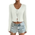 thumbnail image 6 of Women's Front Tie Up Crop Top Shirt Long Sleeve Lace Up Knitted Open Cardigan V Neck Cropped Basic Tees, 6 of 9
