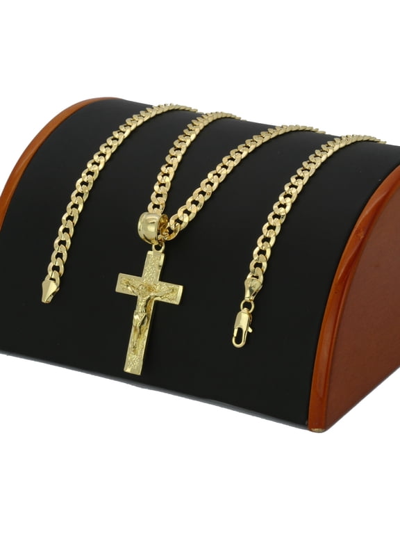 Gold Plated JESUS CROSS Religious Pendant & 14K Stamped 6mm 24" Cuban Chain Necklace