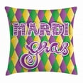 thumbnail image 1 of Mardi Gras Throw Pillow Cushion Cover, Stylized Mardi Gras Lettering on Classical Diamond Line Backdrop, Decorative Square Accent Pillow Case, 20 X 20 Inches, Violet Fern Green Marigold, by Ambesonne, 1 of 2