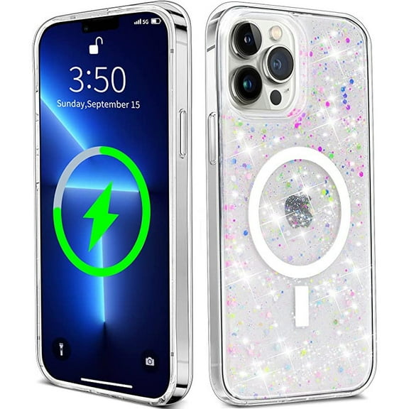 iPhone 14 Pro Max Clear Magnetic Case Compatible with Magsafe, Sparkly Glitter Design for Women, Shockproof Protective Phone Case for iPhone 14 Pro Max 6.7 inch , Clear