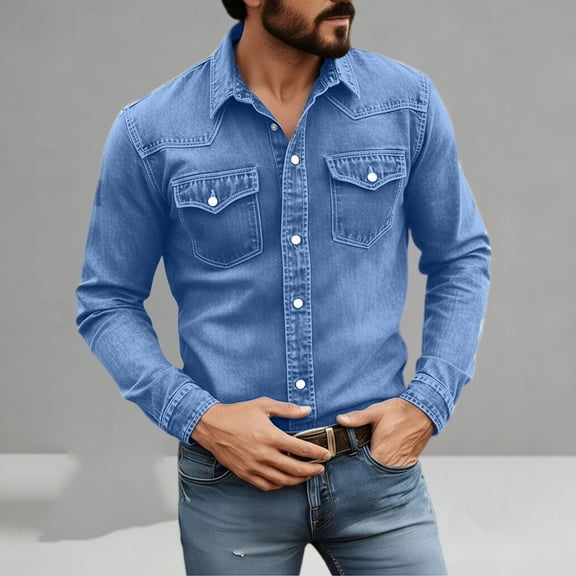 Blmnix Shirts for Men Big And Tall Shirts Western Shirt Guide Oversized Top Button Up Collared Long Sleeve Blue Mens Summer Shirts,XL