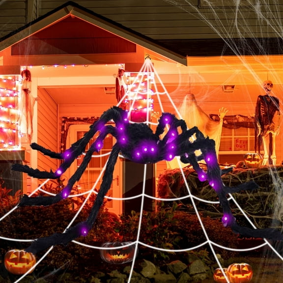 AGCAN Spider Webs Halloween Decorations Outdoor, 50" Light Up Giant Spider   276" Triangular Spider Webs, Yard Outdoor Halloween Decor