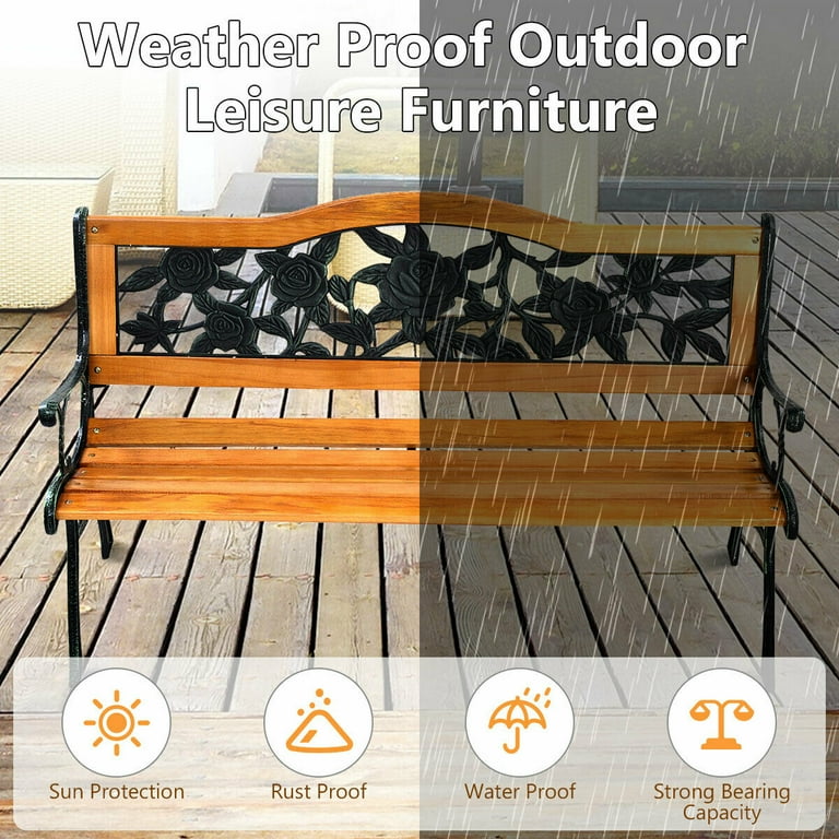 Costway patio park garden bench porch path chair furniture cast iron hardwood clearance