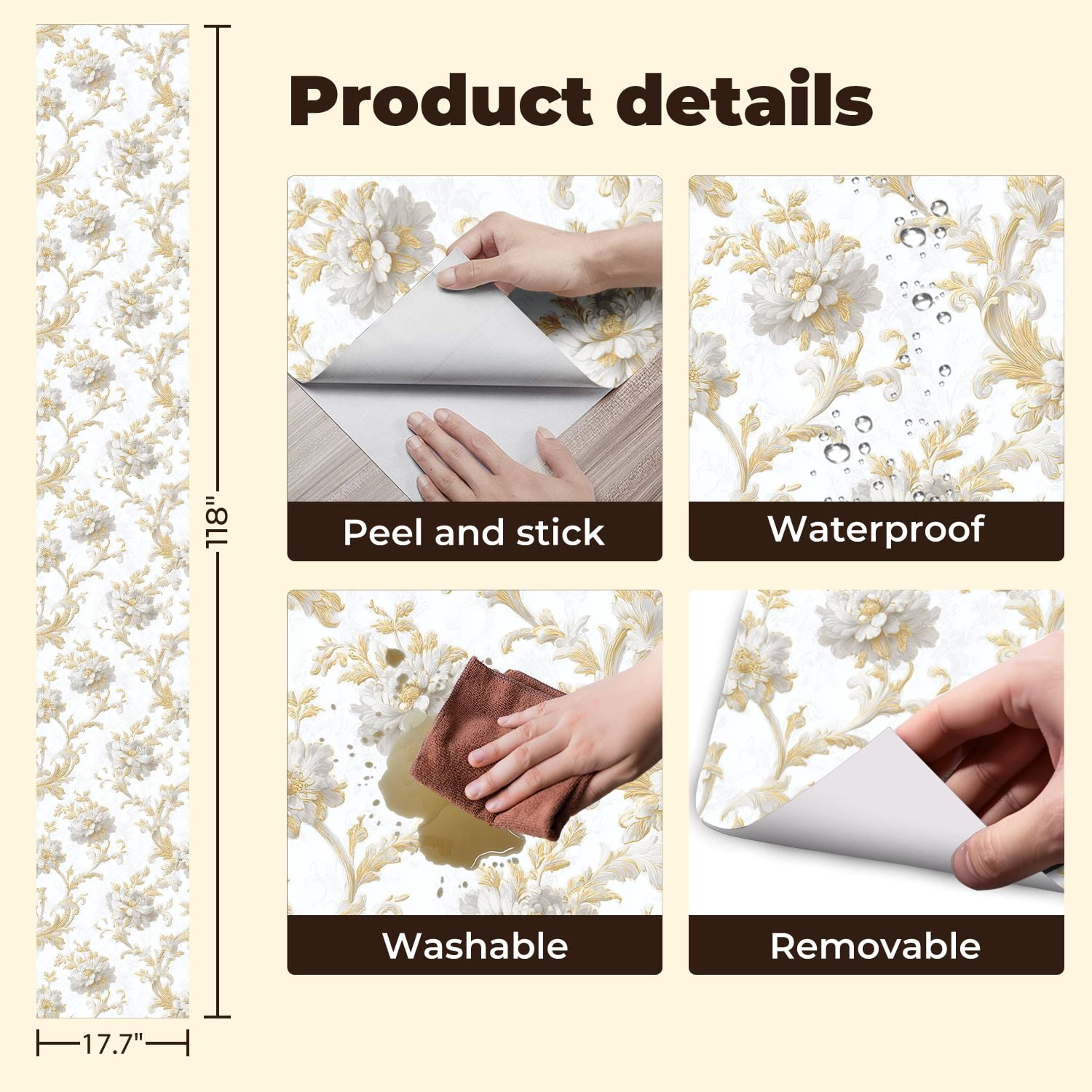 Vintage Peel and Stick Wallpaper 17.7in x 9.8ft Elegant Floral White Gold Flowers Light Contact Paper Vinyl Self-Adhesive Removable Wall Paper for Bedroom Kitchen Cabinet Décor Renter Friendly