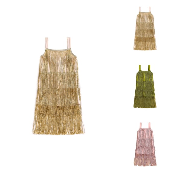 Girls Flapper Dress with Sequins and Fringe, Sleeveless Tassel Latin Dance Dress for Kids, Sparkly Twirly Concert Outfit Gift