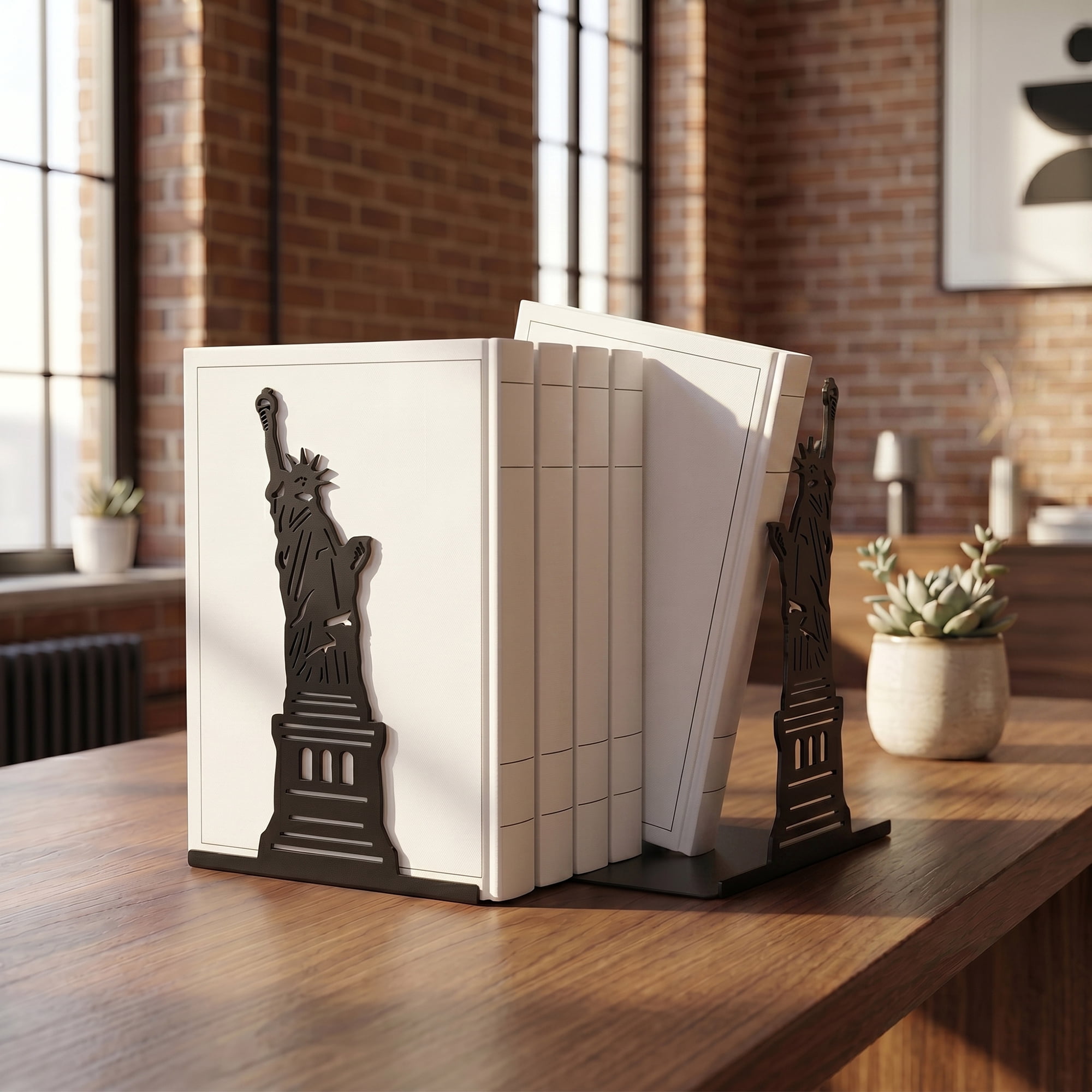 Unique Bargains 2Pcs Metal Hollow Design Book Ends Black Statue of Liberty 7.9*4.3*6.7inch