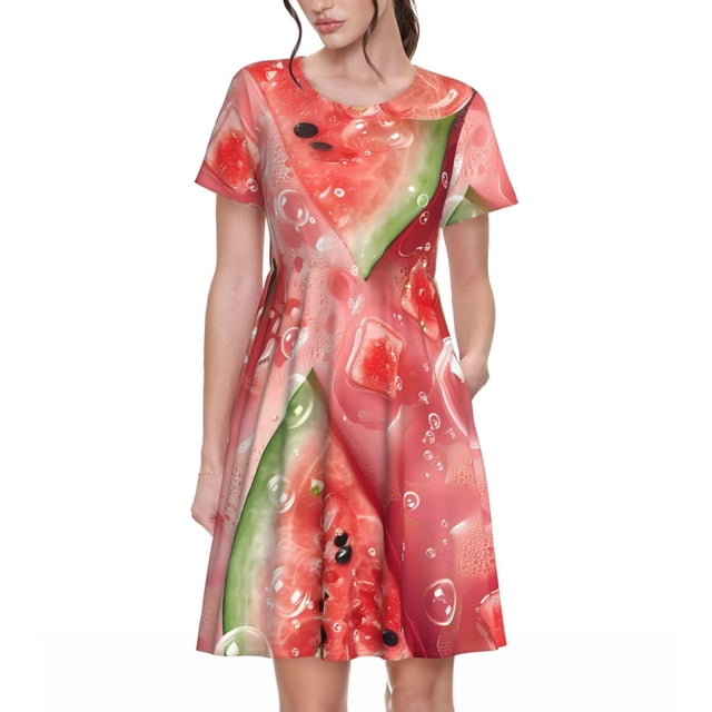 Disketp Refreshing Watermelon Slices para Vestido de Manga Corta para Mujeres, Vestidos de Verano para Mujeres, Casual y Holgado para la Playa