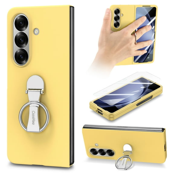 ELEHOLD Case for Samsung Galaxy Z Fold 7, 360° Ring Stand Shockproof Rigid Plastic Phone Case with Screen Protector,Yellow
