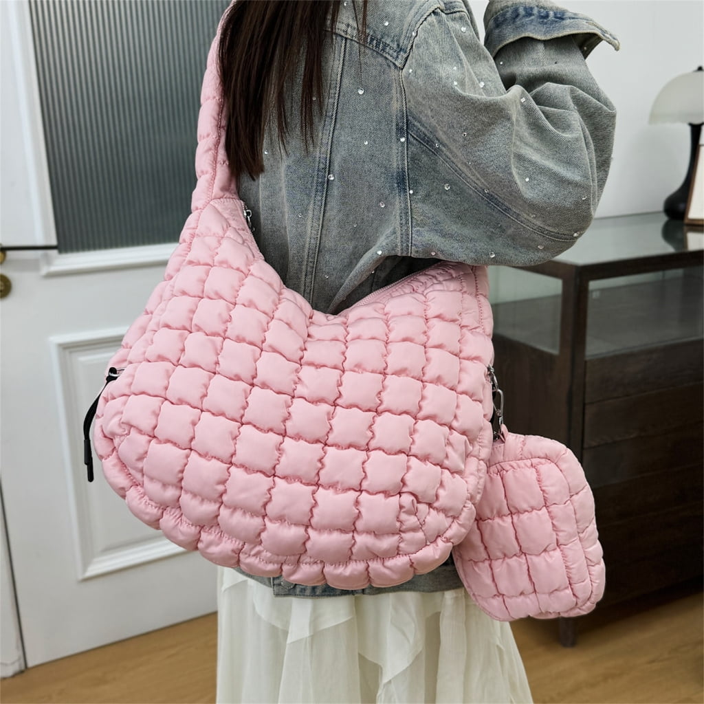 FENOHREFE Fashionable Puffer Shoulder Bag for Women Quilted Lightweight Spacious Crossbody Bag with Small Zippers Makeup Purse