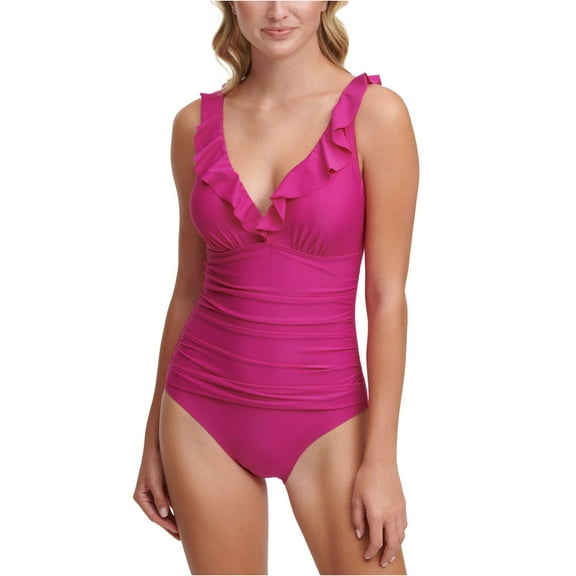 Dkny Ruffle Plunge Underwire Tummy Control One-Piece Swimsuit, Dark Pink, 4
