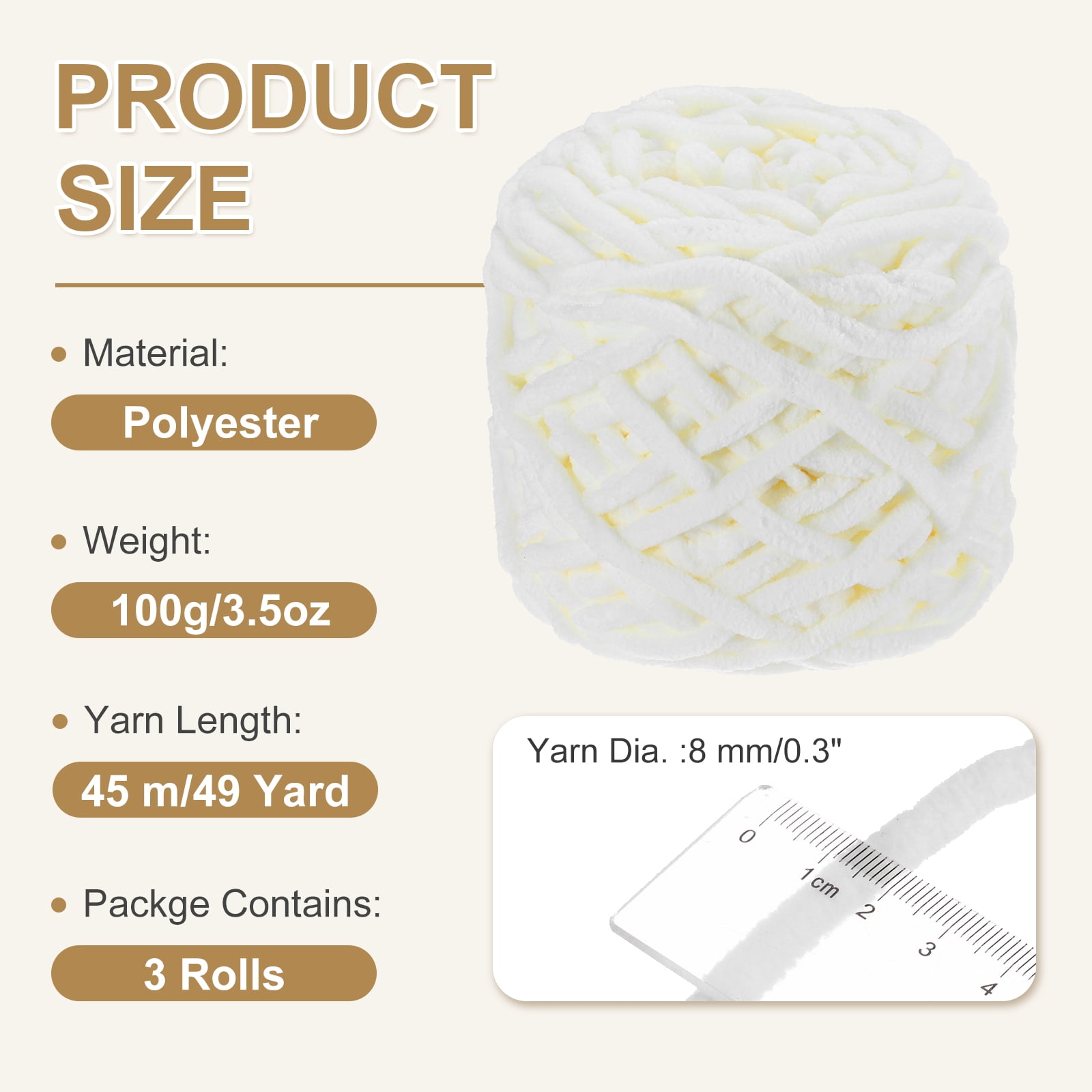 Uxcell 3 Pcs Blanket Yarn, 49 Yards Fluffy Velvet Plush Bulky Thick Chenille Chunky Yarn for Soft Velvet Blanket Shawl Scarf Crochet Hand Knitted Crafts, Milk White