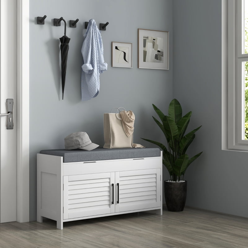 HOQBN Shoe Storage Bench, Modern Entryway Bench with Cushion, Hidden Compartments, Adjustable Shelves, and Shutter Doors, White