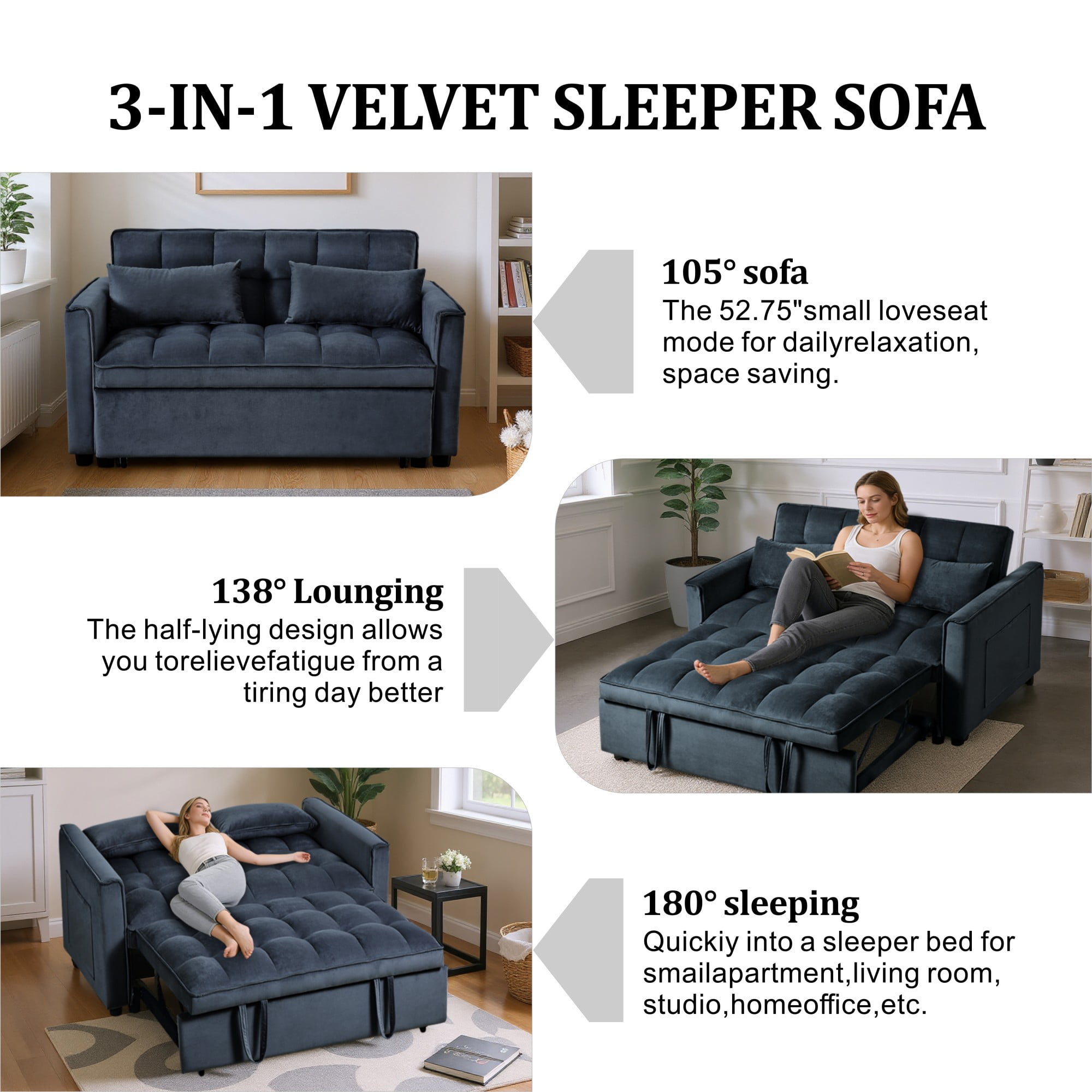 Gewnee 52.75 Inch 3 in 1 Convertible Sofa Bed,Velvet Pull Out Couch WITH Adjustable Backrest & Storage Pockets for Living Room,Apartment.Black