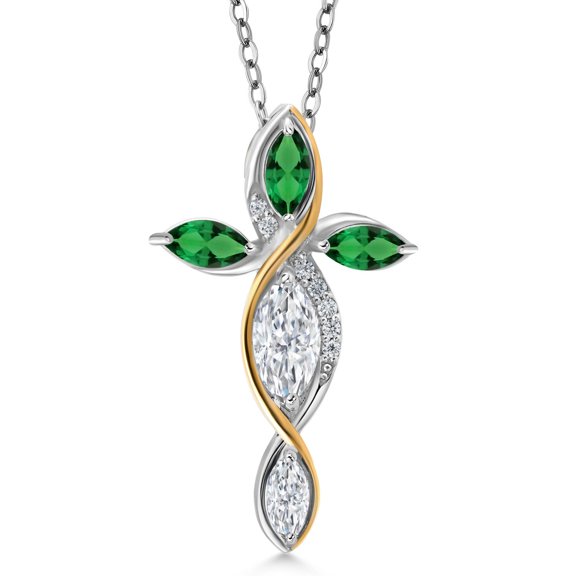 Cross Necklace for Women in 925 Silver and 10K Yellow Gold with White Moissanite and Green Nano Emerald | 1.22 Cttw | Jesus Christian Religious Crucifix | Marquise 8X4MM | With 18 inch Chain