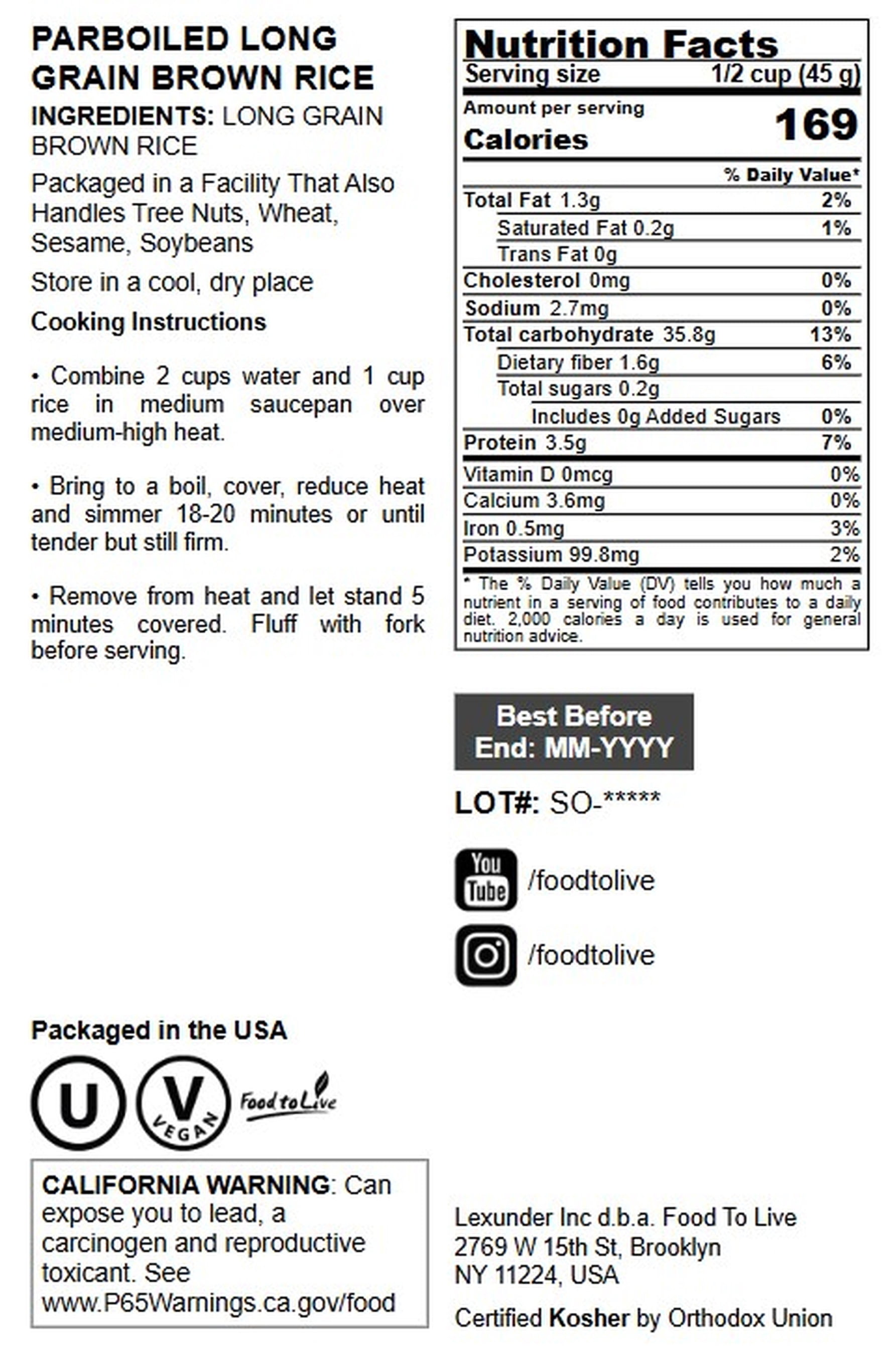 Parboiled Long Grain Brown Rice, 6 Pounds — Kosher, Vegan — by Food to Live