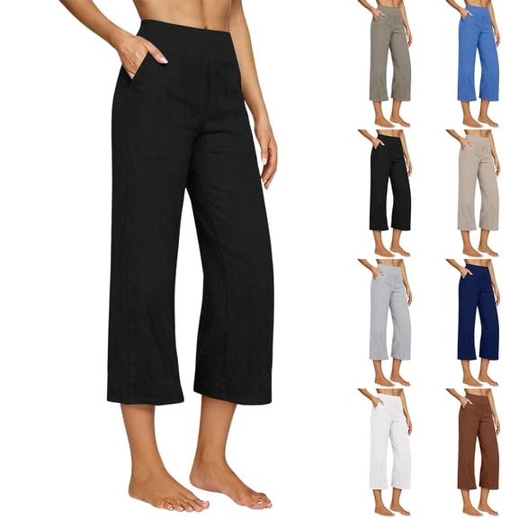 Linen Capri Pants for Women Wide Leg Capris Pant Summer Boho Dressy Casual Elastic Waist Beach Trousers with Pockets , #01 Black, XL