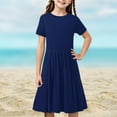 thumbnail image 6 of Kids Wedding Guest Dress Girl's Summer Short Sleeve Midi Dresses Casual Solid Color Crew Neck T-Shirt Dresses Flowy A-Line Beach Sundress New Navy 13T, 6 of 9