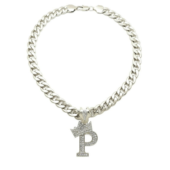 iJewelry2 Kings and Queens Crowned Initial Letter P Crystals Pendant Silver-tone Cuban Linked Chain Necklace