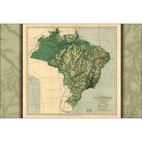 24"x36" Gallery Poster, Physical map of Brazil 1886