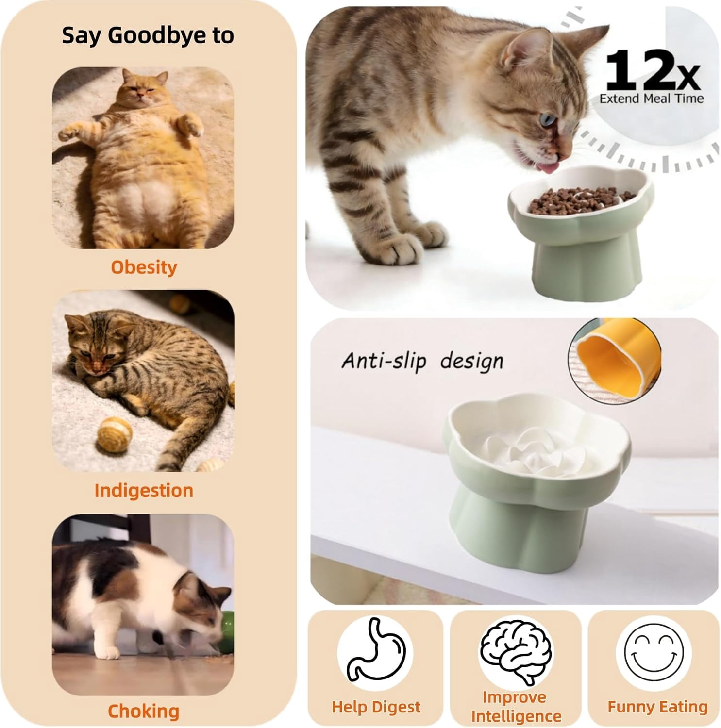 Ceramic Elevated Slow Feeder Cat Bowl,Anti Vomit Design for Whisker Fatigue Relief,Elevated Slow Feeder Bowls for Indoor Cats&Small Breeds,Perfect for Wet Food&Small Dogs